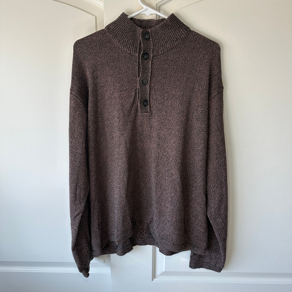Oscar de la Renta Knit Button‎ Sweater Pullover Mock Neck Brown Pink Henley XXL